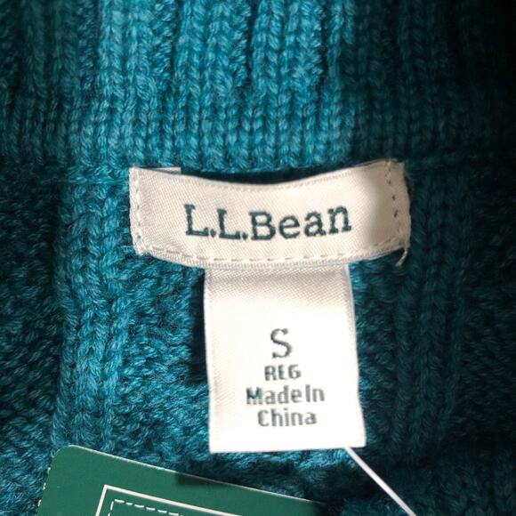NWT L.L. Bean Double L Mixed Cable Knit Turtleneck Teal 100% Cotton Sweater - Picture 5 of 9